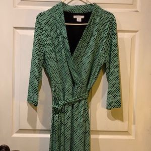 Long sleeve faux wrap dress green and blue pattern
